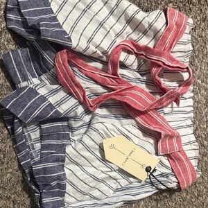 Striped Linen Shorts with Red Waist Tie